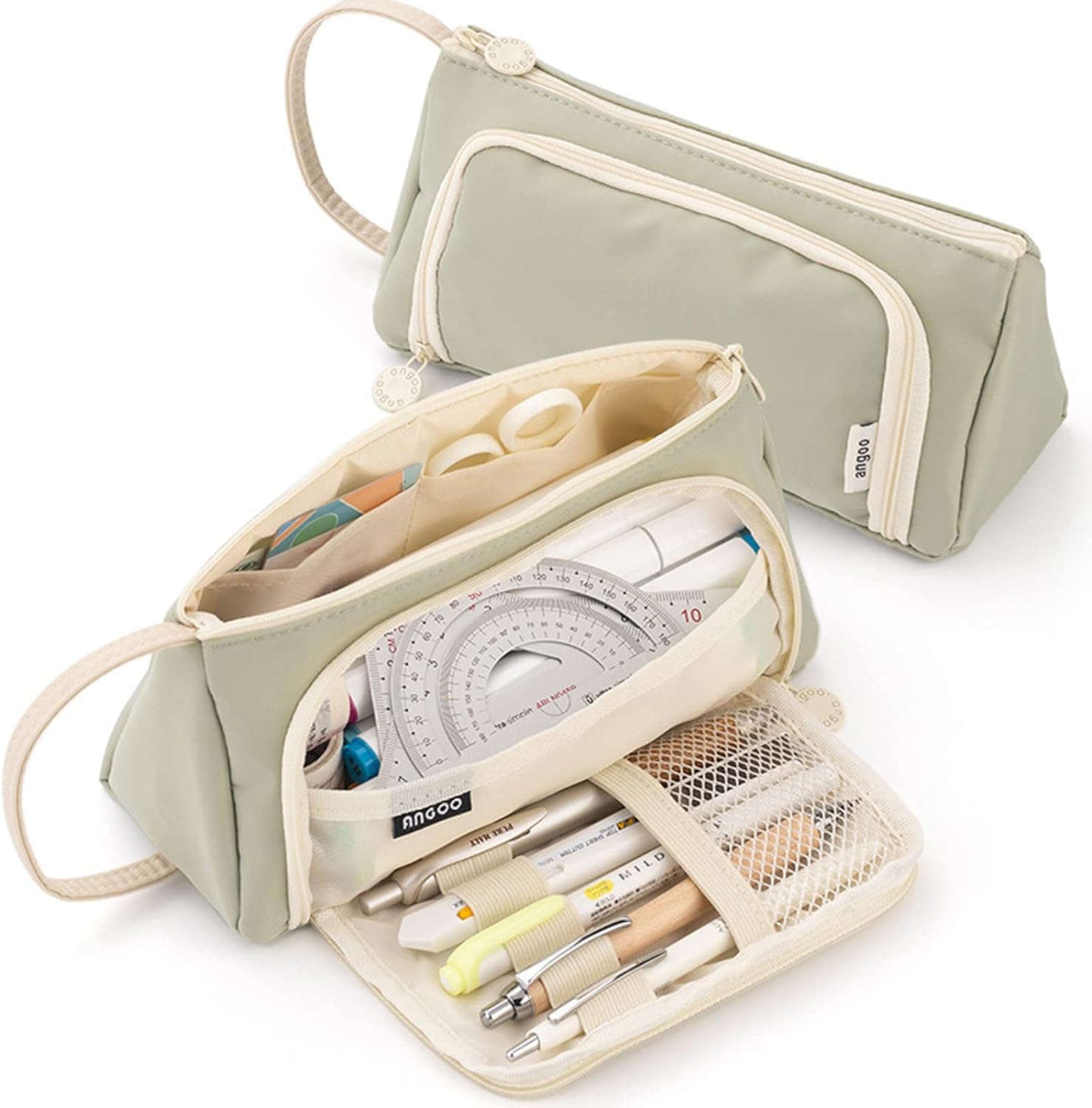 ECHSRT Large Capacity Pencil Case Pouch, Cute Aesthetic Big Capacity Zipper Pencil Cases Pen Portable Office Stationery Makeup Bag, Desk Organizer for College Adults Women Men (Tringle Green Pista)