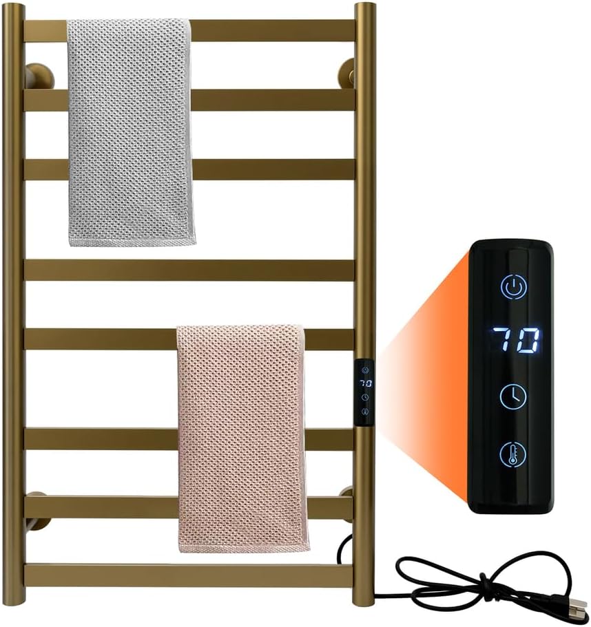 Towel Warmer Rack, Brushed Heated Towel Rack for Bathroom, Wall Mounted Electric Towel Dryer Rack with Temperature Control and 1-8 Timer, Plug-in/Hardwired