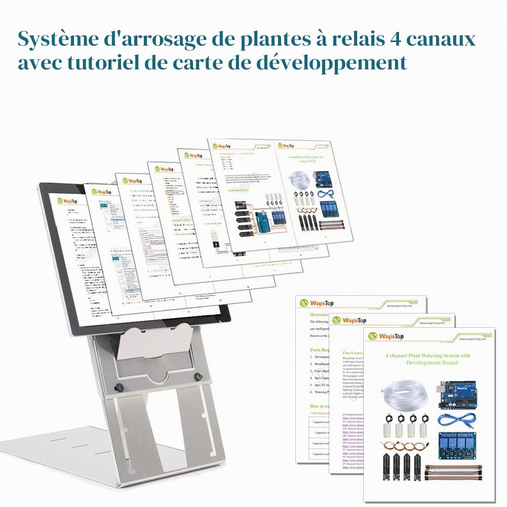 DIY Kit d'arrosage Automatique pour Jardin Plante, Carte Développement + 4pcs Sol Détection D'Humidité + 4-Canal Relais + 4pcs Mini Pompes à Eau Submersibles + 5M Tuyau d'eau + Câbles Jumper