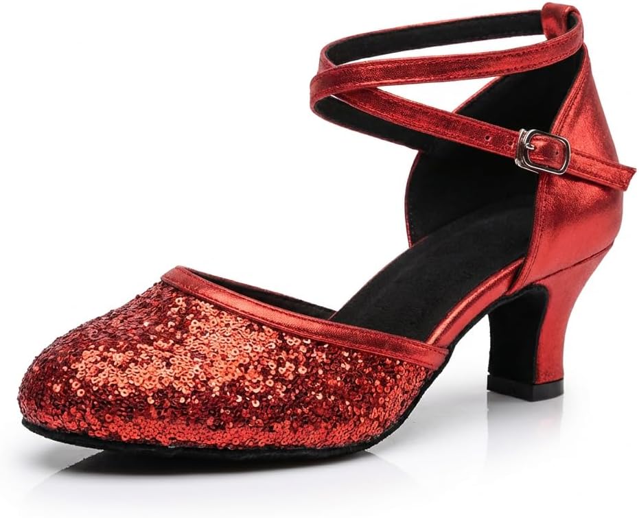 MSMAX Women's Glitter Latin Dance Shoes Sequin Closed Toe Ankle Strap — Ballroom Salsa Tango 1920s Flapper Party Shoes