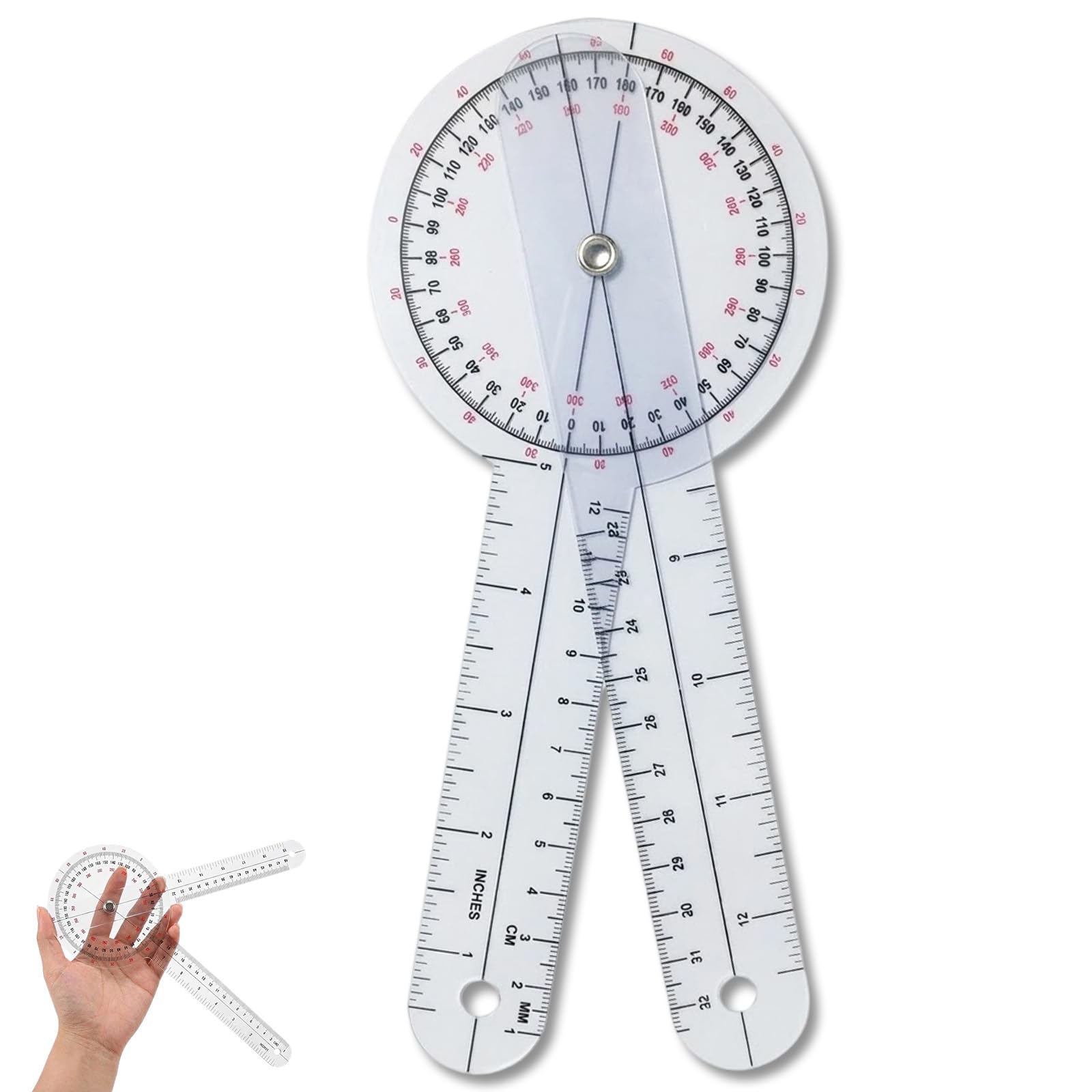 YUNTRUN Goniometer, Angle Measurement Tool, 30cm Plastic Goniometer, 360 Degree Angle Ruler for Range of Motion Body Measuring (Clear)