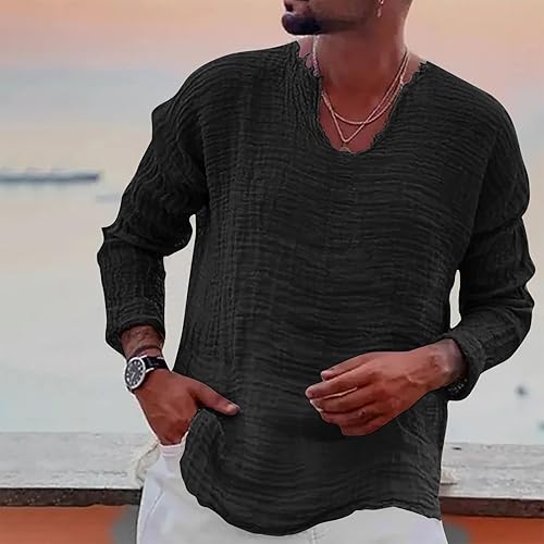 Miniatura 2 de Hombre Manga Larga Jersey Camisa Sólido V-Cuello Barbecho Camiseta Moda Fruncido Camisetas Blusa Suelta Novedad Tops