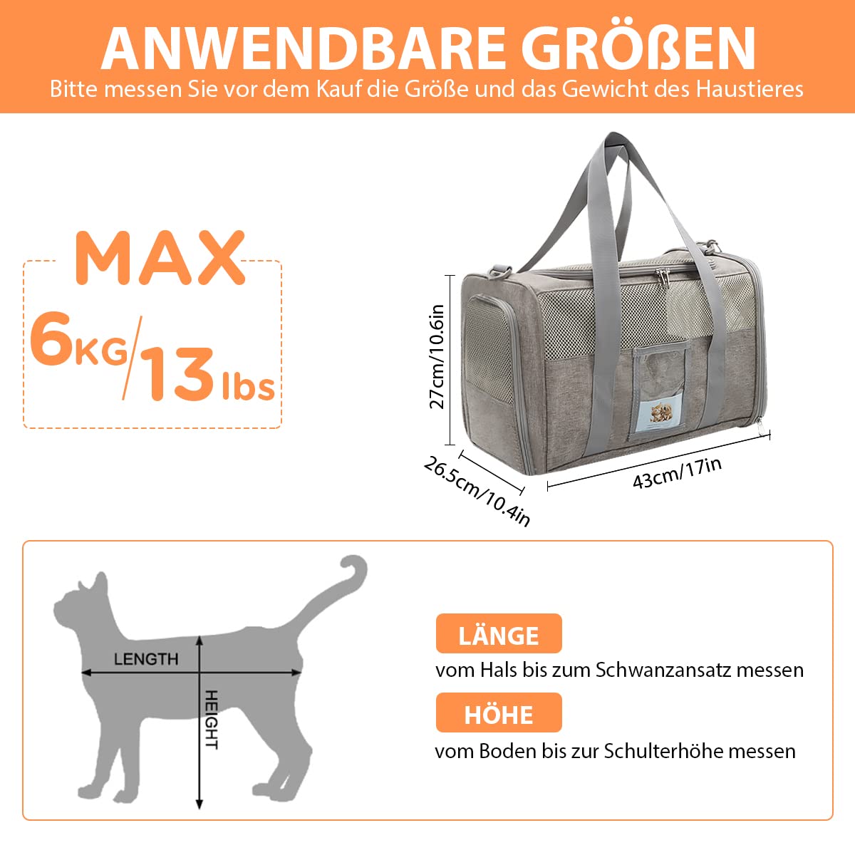 KIMIGO Transporttasche Für Katzen & Hunde - Flugtauglich Bis 6kg, Grau