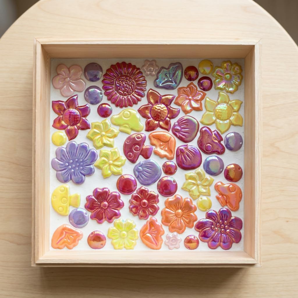 Ceramic Flower & Mushroom Mosaic Tiles - 1.1 lbs Mixed Glazed Petals & Berry Assortment for DIY Crafts, Fairy Garden, Handmade Projects (Iridescent Mix Color)