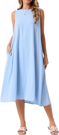 Seta T Womens Linen Dresses Crewneck Loose Fit Sleeveless Shift Sundress