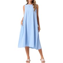 Seta T Womens Linen Dresses Crewneck Loose Fit Sleeveless Shift Sundress