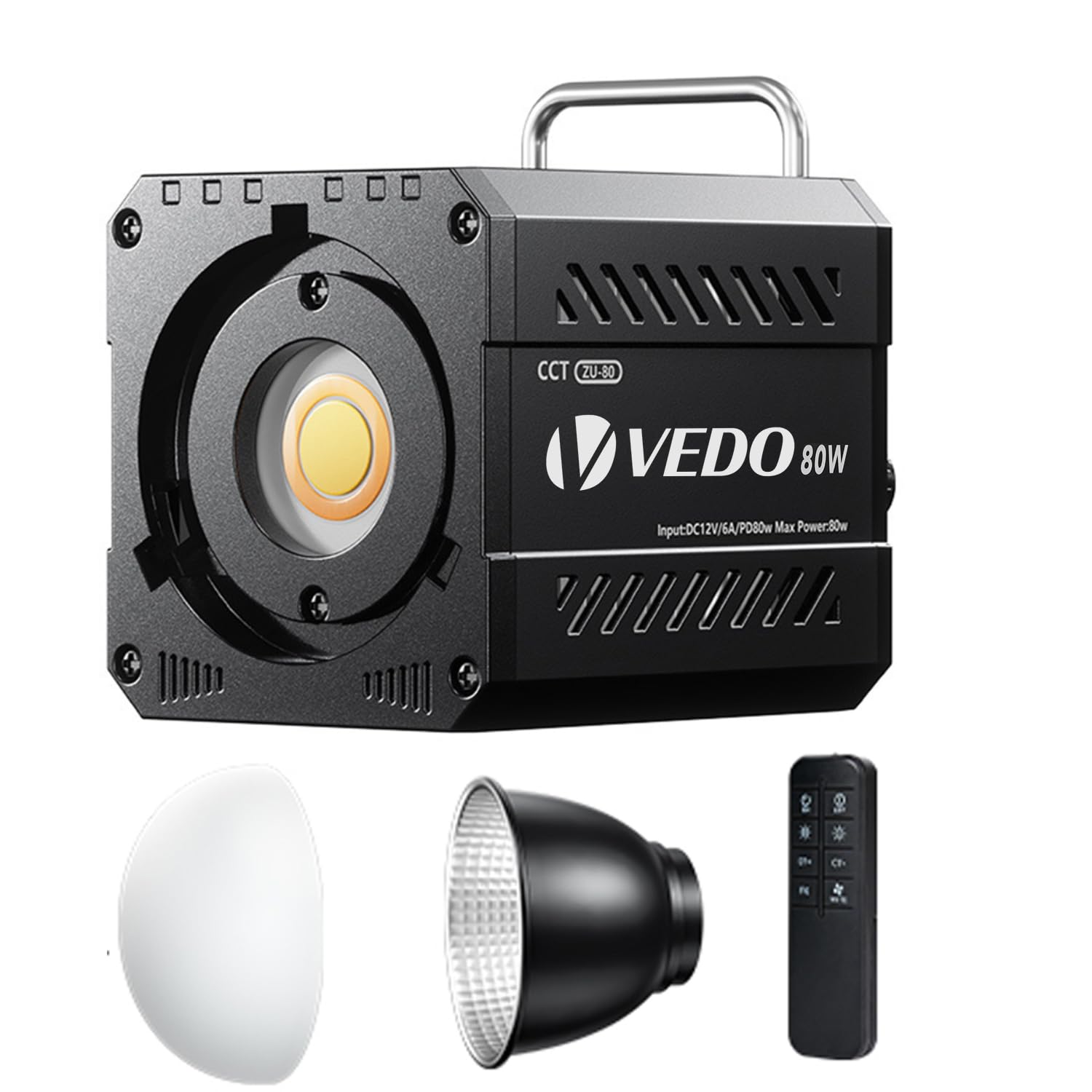 VEDO Luz fotográfica COB portátil de 80 W, ajuste de brilho de 0 a