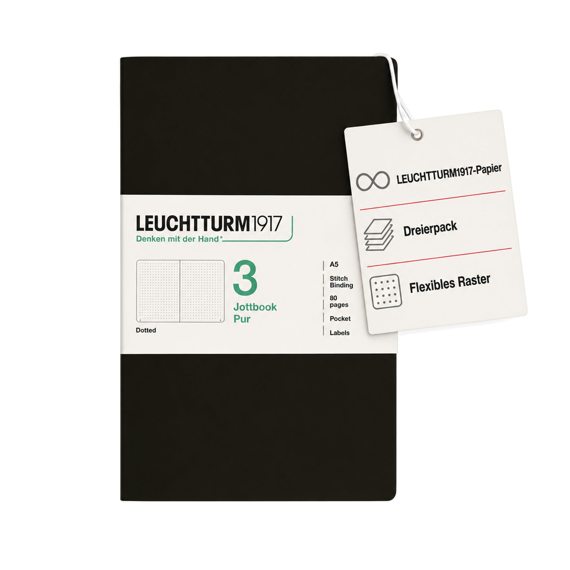 LEUCHTTURM1917 400702 Jottbook Pure A5, Dotted, Black, Pack of 3