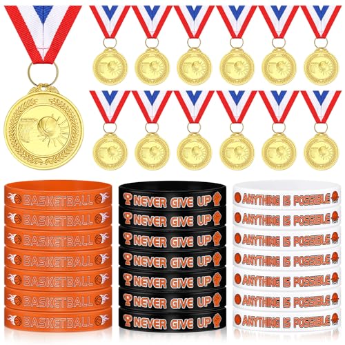 Poen 48 Pcs Basketball Medals and Basketball Silicone Wristband 24 Pcs Basketball Medals with Neck Ribbons 24 Pcs Rubber Basketball Bracelet for Kids Adults Basketball Party Favors Team Sports Gifts