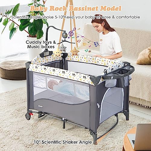 Baby Travel Cot, 5 in 1 Foldable Baby Bedside Sleeper with Bassinet Diaper Changer Mattress Carry Bag Music Box Hanging Toys, Portable Crib Playard Pack and Play for Newborn Infant (Bear) - Image 6