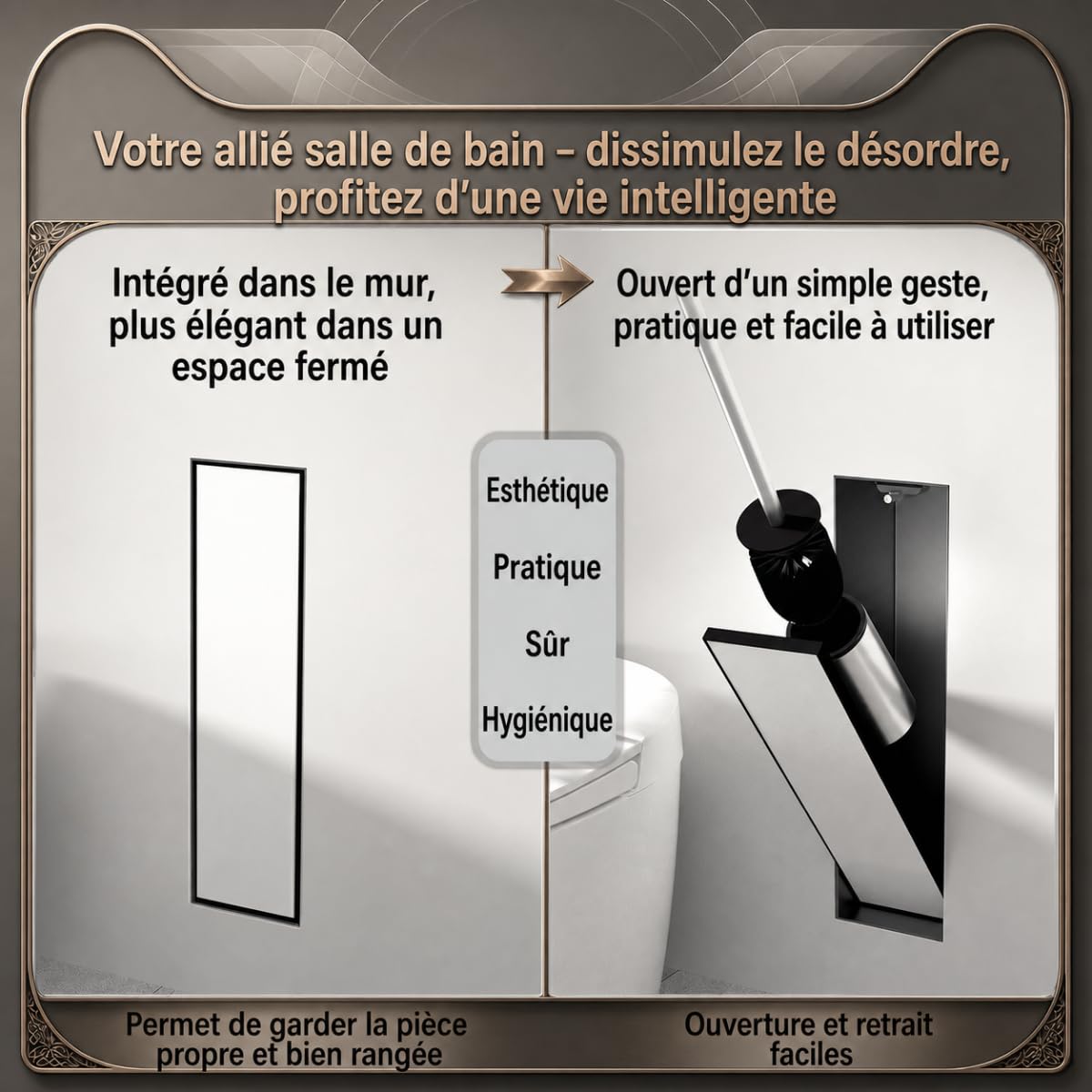 Porte-Balai WC encastré en Acier Inoxydable, Brosse Toilette Noire, Porte-Brosse WC encastrable en Niche Murale pour Salle de Bain (Noir Mat, 45 x 12 x 12.5 cm)