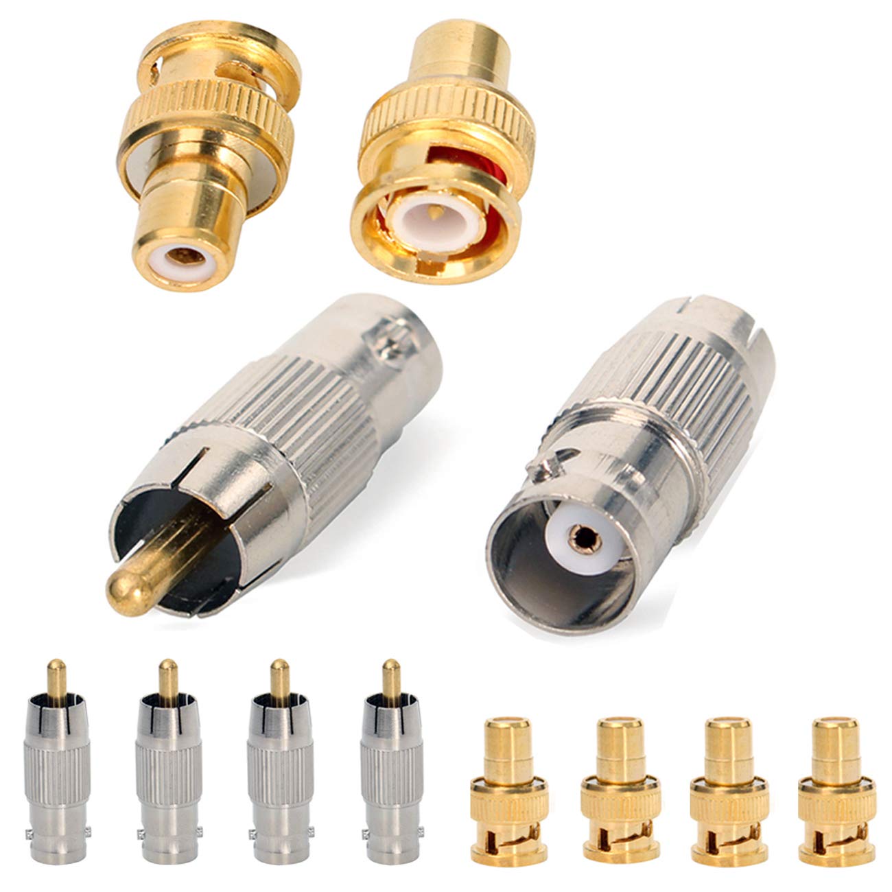 BNC to RCA Adapter Kit 4Pcs Nickel-Plated BNC Female to RCA Male Connector 4Pcs Gold-Plated BNC Male to RCA Jack Coaxial Connector for CCTV Security Camera,8Pcs Set