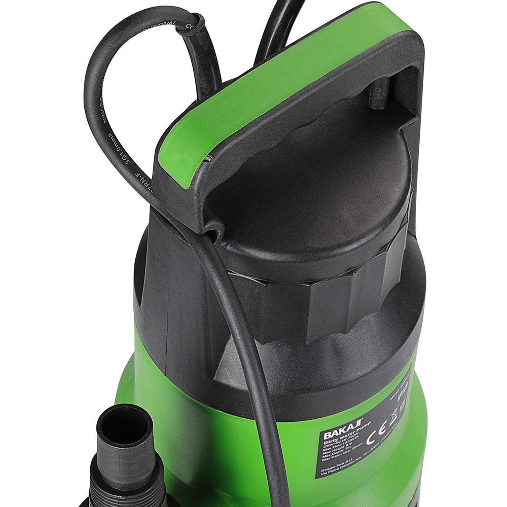 Bakaji Pompa Immersione Elettropompa Sommersa Acque Scure Sporche Potenza 750W Portata 13000L/h Profondità Massima 7 Metri con Fondo Piatto Maniglia per il Trasporto e Cavo 10 metri