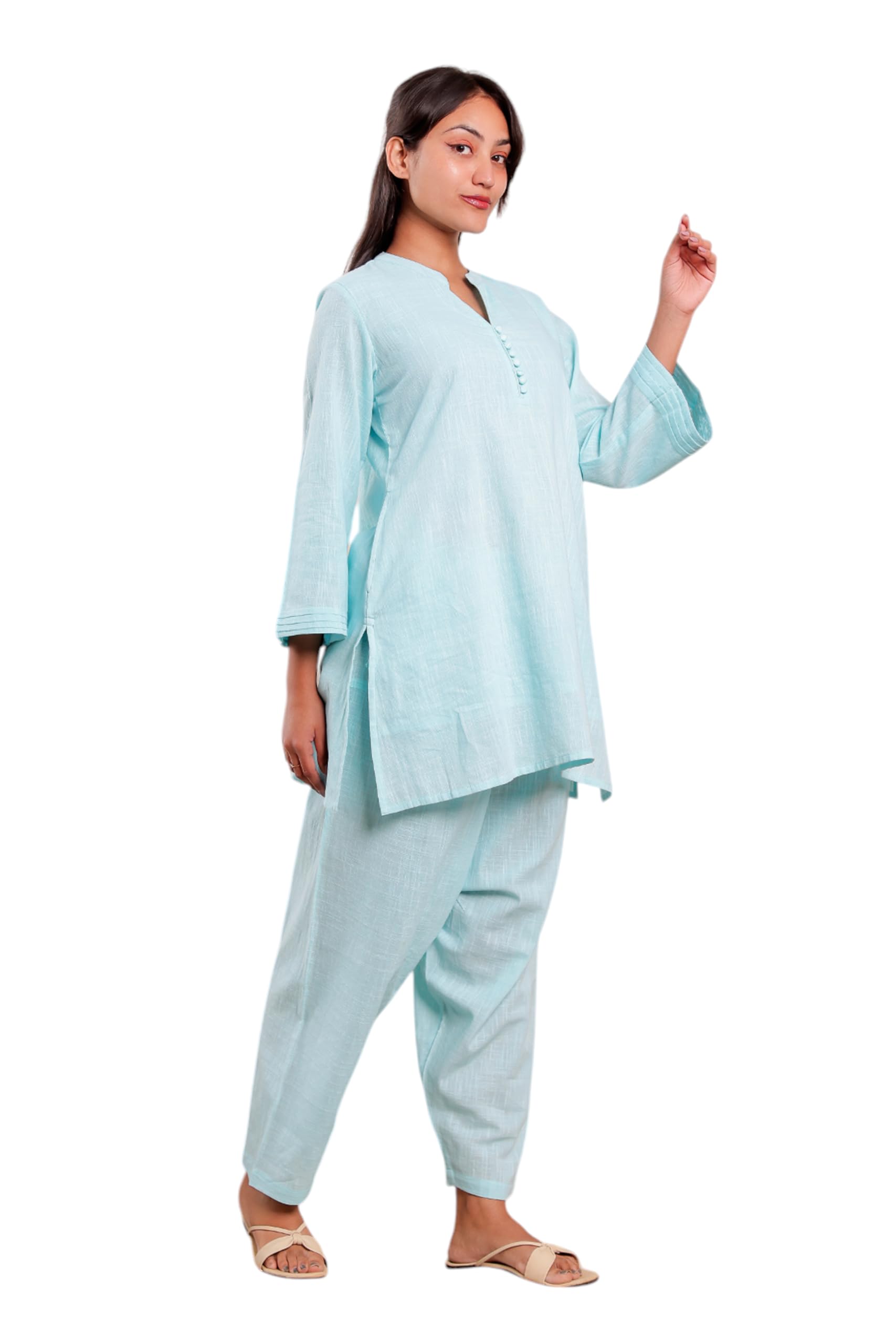 anubhuti vastram Women's Cotton Co-ord Set | Comfortable Casual Wear 3/4 Sleeves Top and Bottom Set | Ethnic Kurta & Dhoti Pants | Stylish Loose-Fitting Two-Piece Yoga Dress for Girls (Light Blue)-picture-32