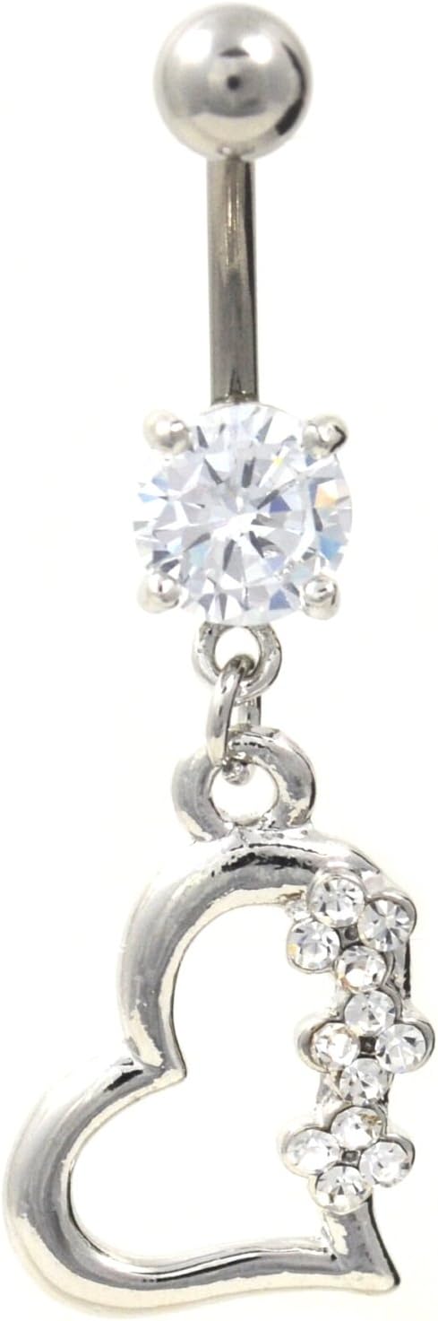 Titanium Gem Heart Belly Navel Ring Clear Gems Dangle Button Piercing Jewelry Solid Titanium Bar