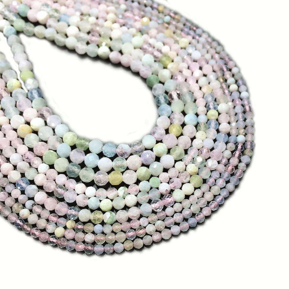 GenericNatural Multi Color Morganite Gemstone Round Micro Faceted Beads 15.5" Strand 2mm, 3mm, 4mm and 6mmfor Jewelry Making (2 MM)