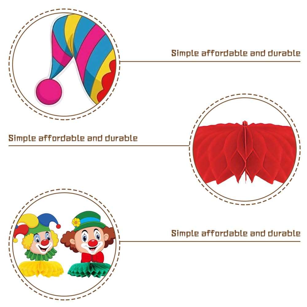 Décoration de Carnaval de Clown, 9 Pièces Décorations de Table Clown, Décoration de Table en Nid D'abeille 3D, Décoration Clownesque Alvéolaire Cirque Animal, pour Carnaval, Anniversaire (6Pcs)