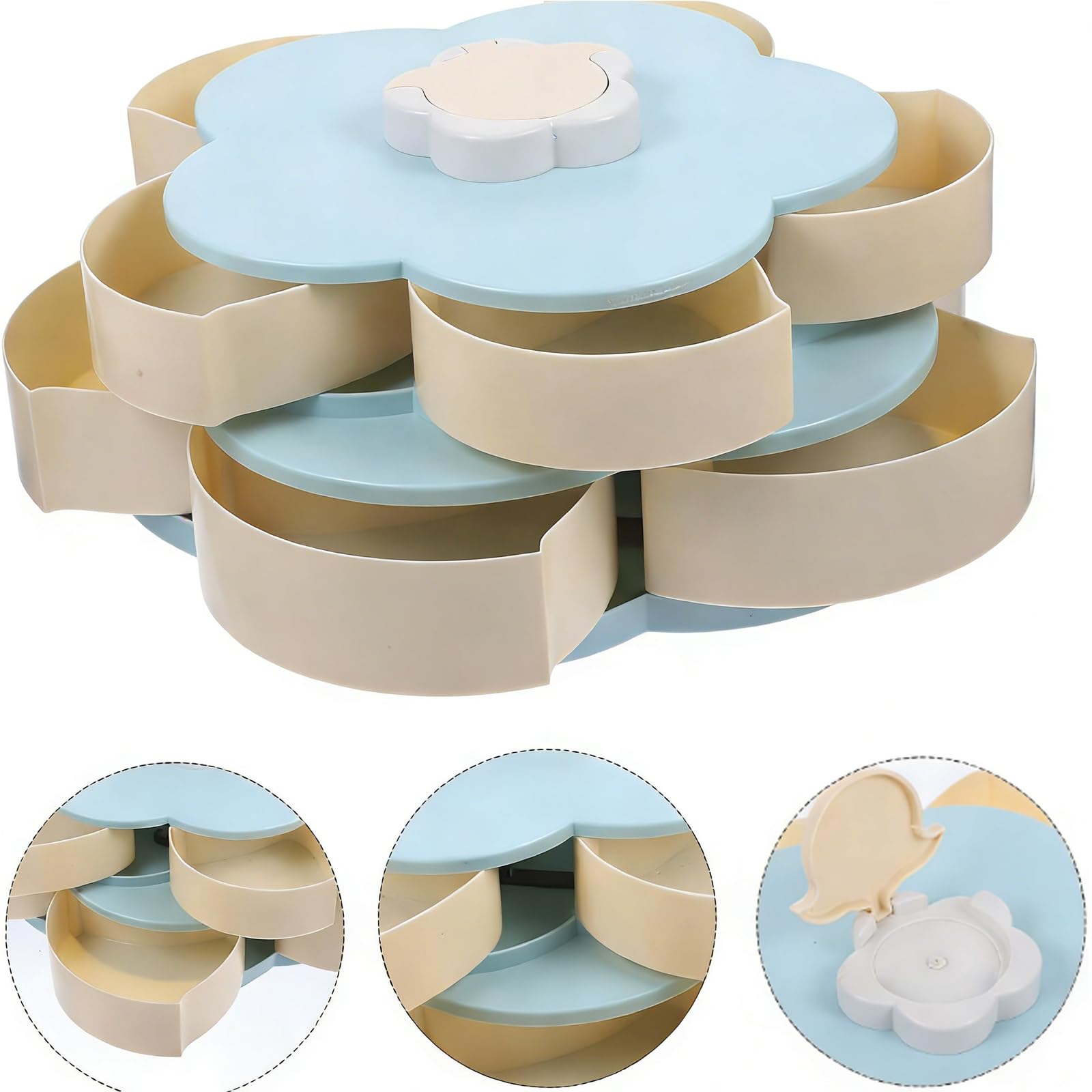 PANGBOER Bandeja giratoria para aperitivos con 5 compartimentos y base antideslizante, caja de almacenamiento de doble capa para fiestas y reuniones, plato de golosinas con tapa