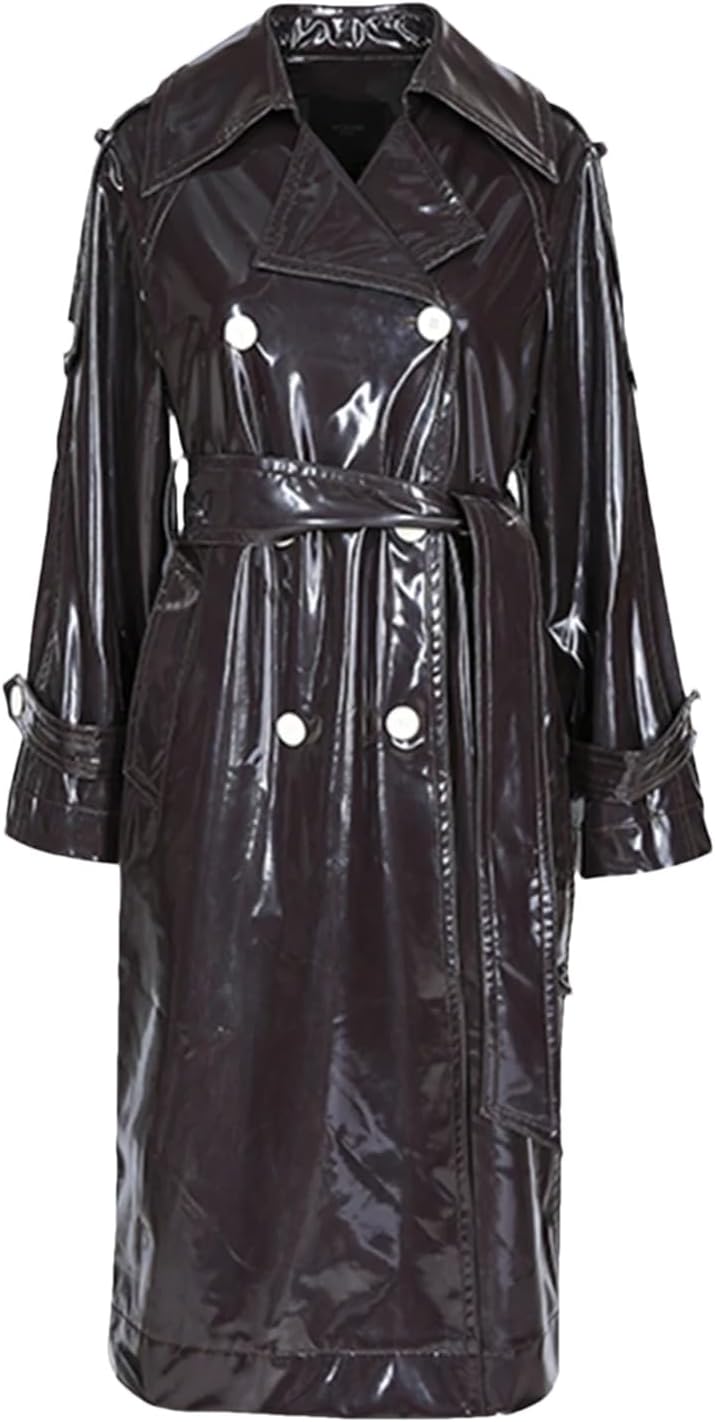 Women Long Waterproof Black Patent Leather Trench Double Breasted Iridescent Oversized Leather Coat
