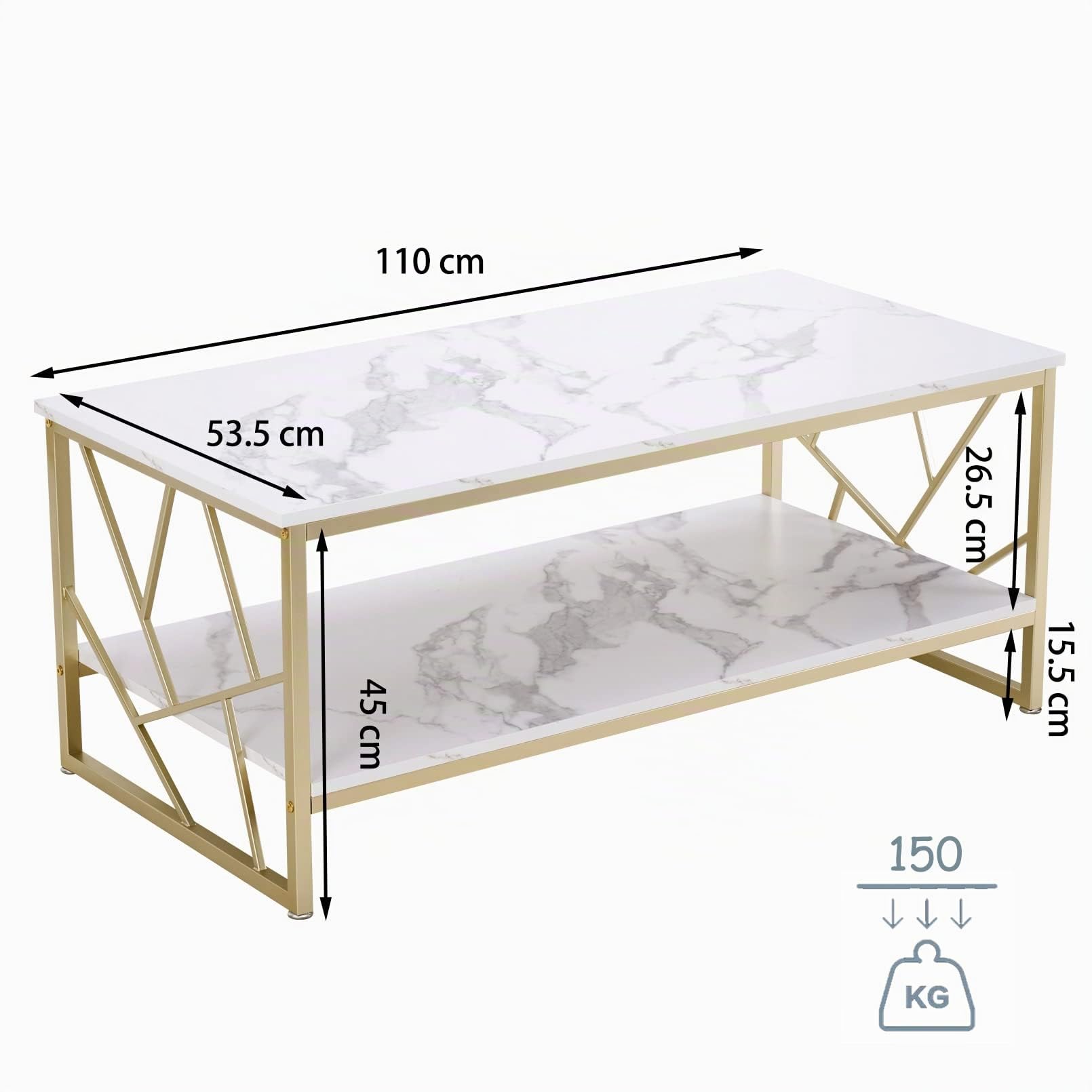 Tavolino da Salotto Bianco cornice dorata, Tavolino Salotto Moderno, Coffee Table in marmo effetto texture, Tavolo Salotto Moderno Rettangolare