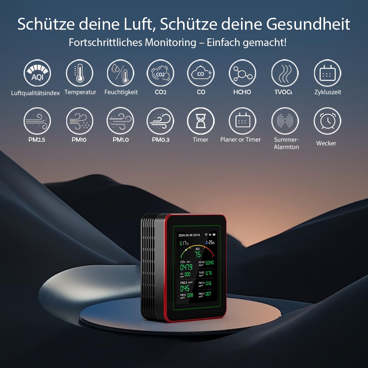 Professioneller 15-in-1 Luftqualitätsmessgerät mit App – CO₂-Messgerät, Feinstaubmessgerät PM2.5/PM10, VOC-Messgerät, Dual-Chip & Echtzeit-AQI-Warnungen