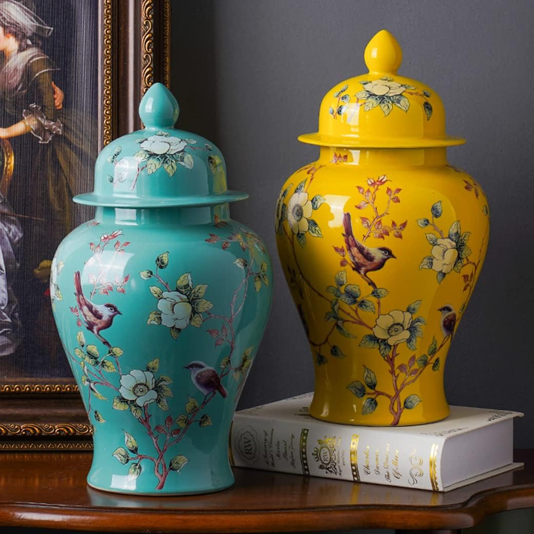 ZHOUXIAO Ceramic Vases Ginger Jar with Lid for Home Decor, Flower Birds Pattern Temple Jar Vase Jingdezhen Traditional Chinese Porcelain Dried Flower Vases Decoration for Liv White-S
