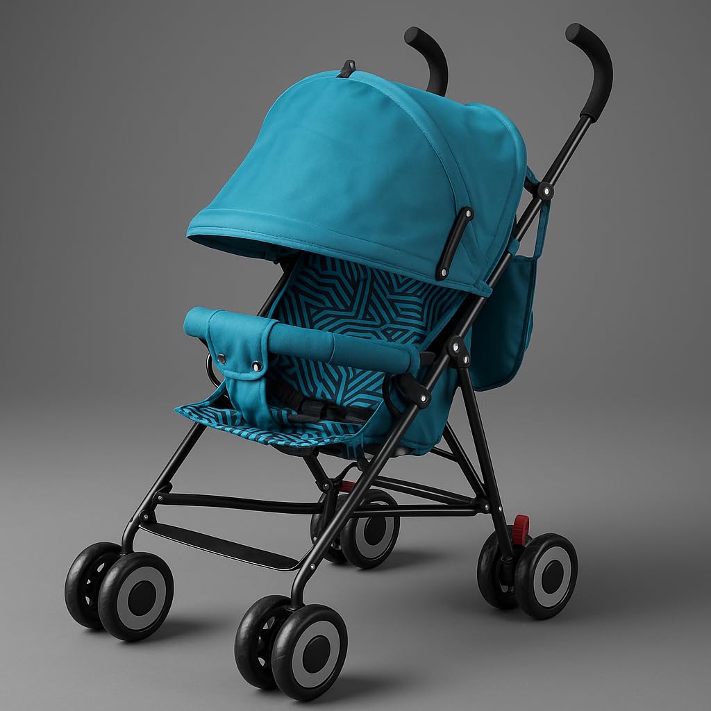 MLU Lightweight Foldable Baby Stroller with Adjustable Canopy, Safety Harness, Swivel Wheels & Storage Basket – Portable Travel Pram for Kids (Blue)