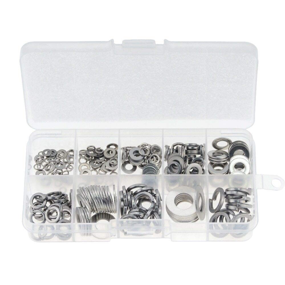Junta de Arandelas, 260PCS/Box M2.5-M10 M3 M4 M5 M6 M8 M10 Juego Surtido de Arandelas Planas de Acero y Arandelas de Seguridad Arandela Plana Combinación de Arandelas elásticas (Color: 1 Caja)