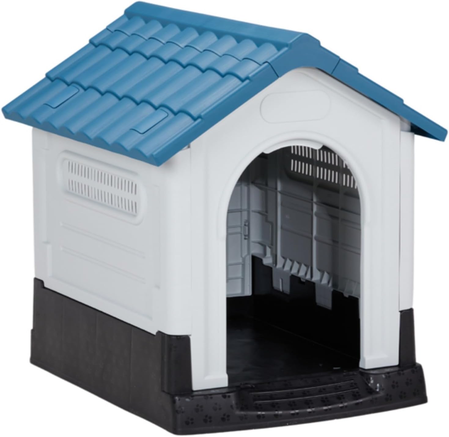 Plastic Dog House Puppy Shelter,26''Plastic Dog House, Indoor Outdoor Doghouse Pet House with Air Vents and Elevated Floor, Insulated Water Resistant Puppy Shelter Kennel for Small Dogs, Blue & White