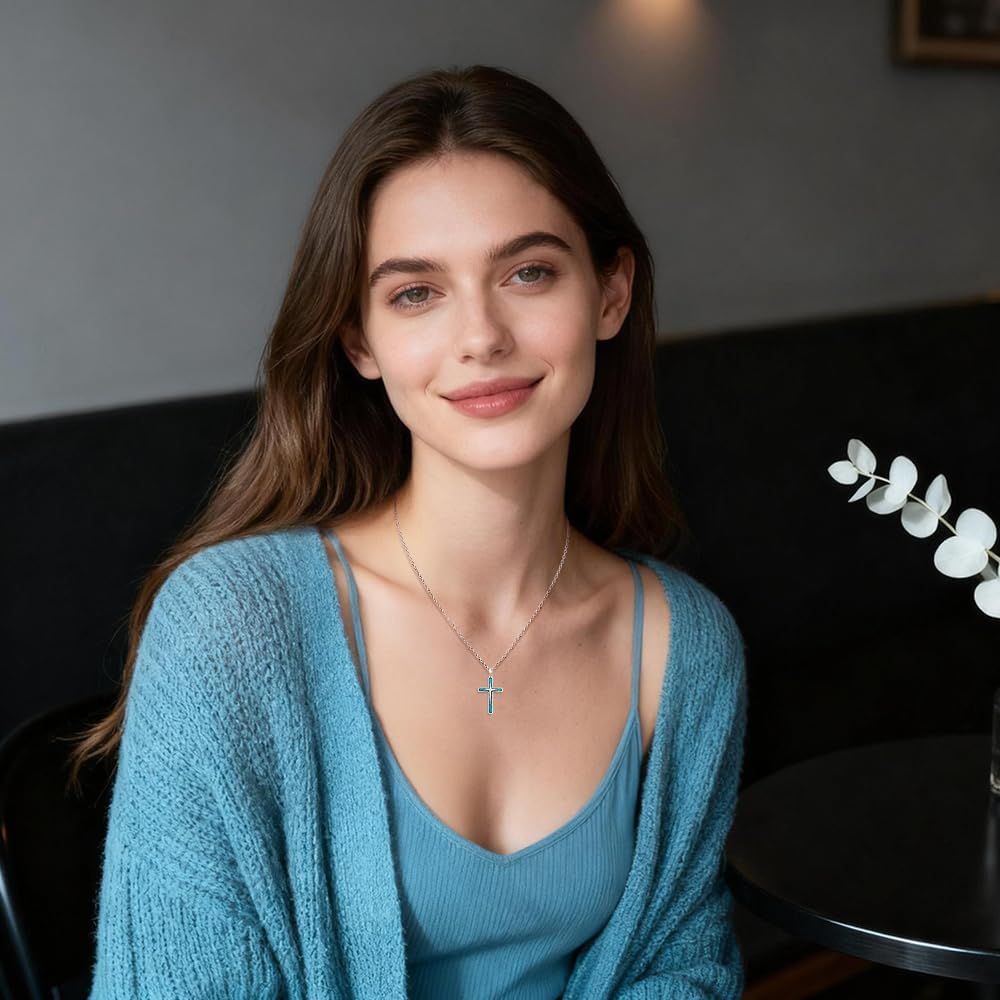 Cross Necklace 925 Sterling Silver Turquoise Abalone Cross Pendant Necklace Religious Jewelry Gifts - Image 4