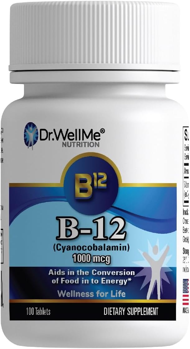 Dr.WellMe B-12 1000 mcg Vitamin Tablets – 100 Tablets High-Potency Cyanocobalamin for Maintain Energy – Non-GMO, Vegan, Metabolism Health – GMP-Certified