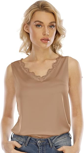 Womens Silk V Neck Camisole Lace Racerback Tank Tops Casual Loose Sleeveless Blouse Shirts