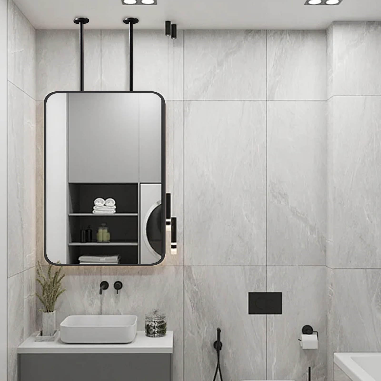 SXFSDOU Modern Black Rectangular Vanity Mirror Bathroom Bedroom Living Room Mirrors with Metal Frame and Boom, Floating Save Space(40cmx70cm)