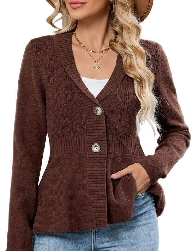 ZAFUL Damen-Strickjacke mit Schößchen, leicht, gestrickt, Schal, Revers, vorne offen, Knopfleiste, gehäkelt, Vintage-Tops für die Arbeit, Kaffee,...