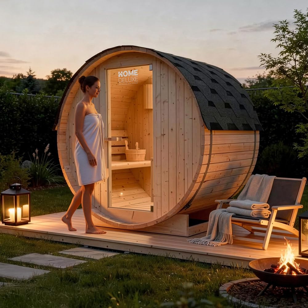 Home Deluxe - Sauna de Exterior de Barril Lahti M - Dimensiones: An x Pr x Al: Aprox. 185 cm x 120 cm x 185 cm, Madera: Madera de Abeto - Incl. Calefactor de Sauna y Accesorios de Sauna I Sauna de