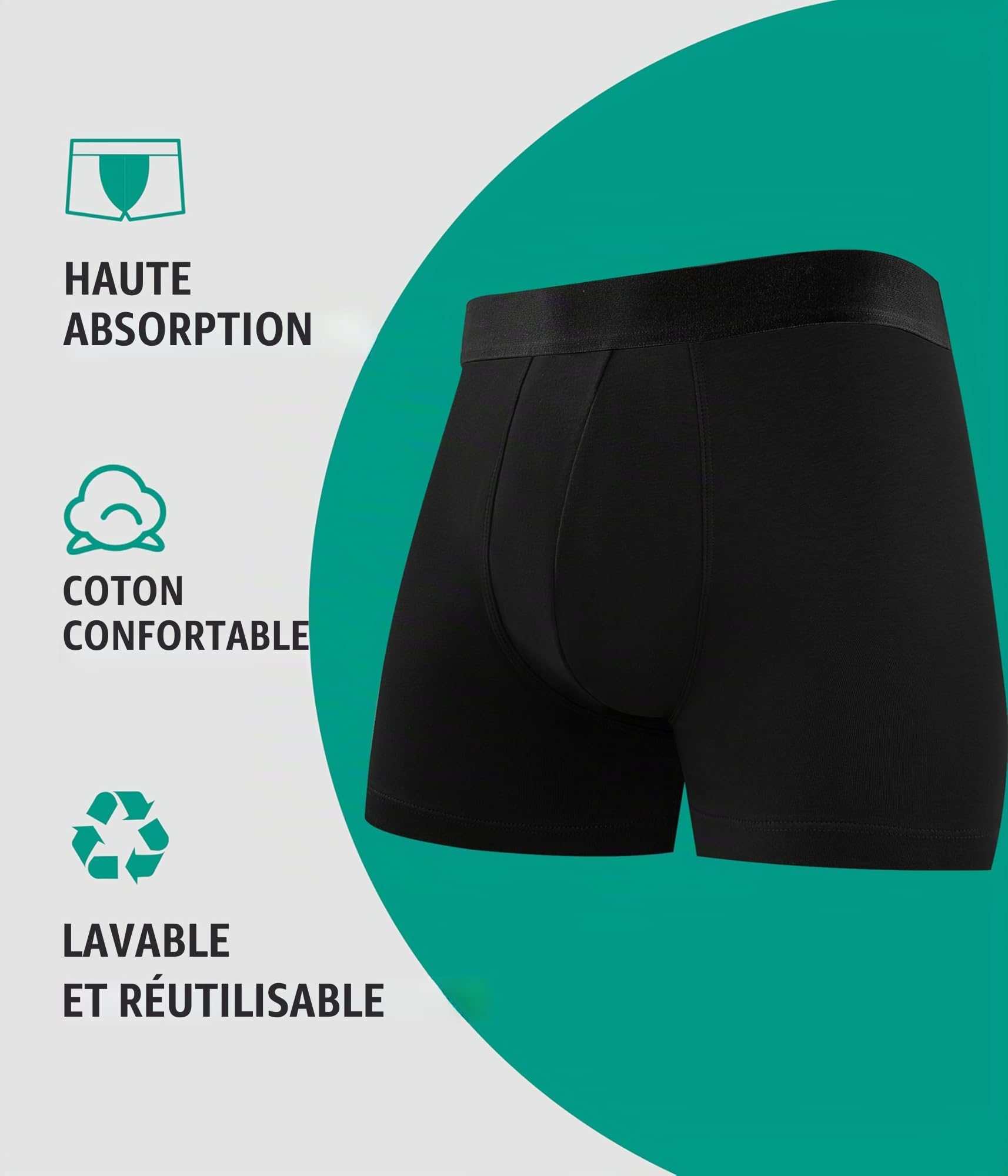 Lot de 3 caleçons d'incontinence pour homme, caleçons boxeurs lavables avec coussinets de protection ultra absorbants, étanches, réutilisables, contrôle des odeurs, pour sortir après une