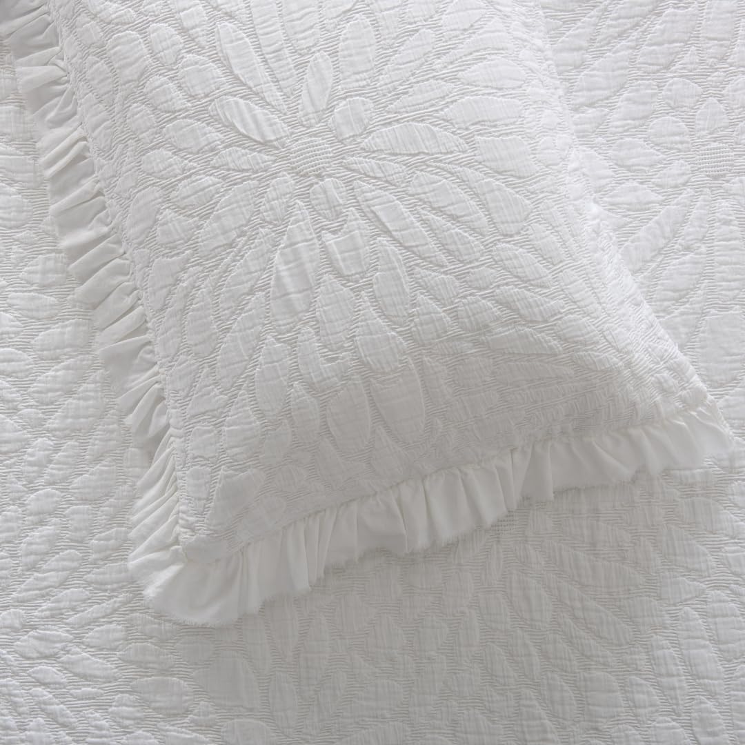 Colcha Blanca con Flores 100% Algodón Stone Wash - Colchas 180x260 cm para Cama 90x200 cm - Sofisticación y Comodidad para el Hogar
