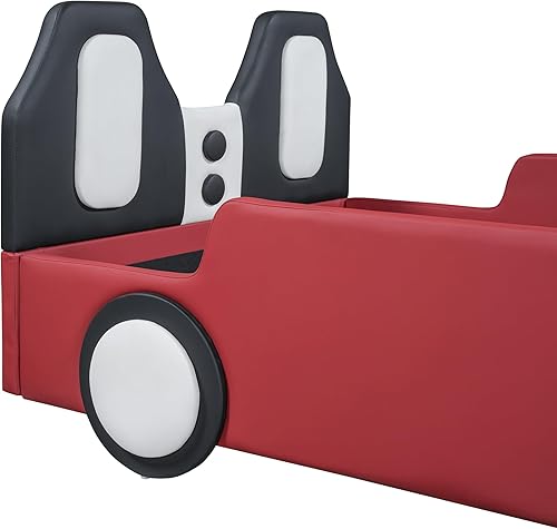 Miniatura 80 de Cama de plataforma clásica en forma de automóvil con ruedas, cama de automóvil de tamaño matrimonial con soporte de listones de madera, marco de