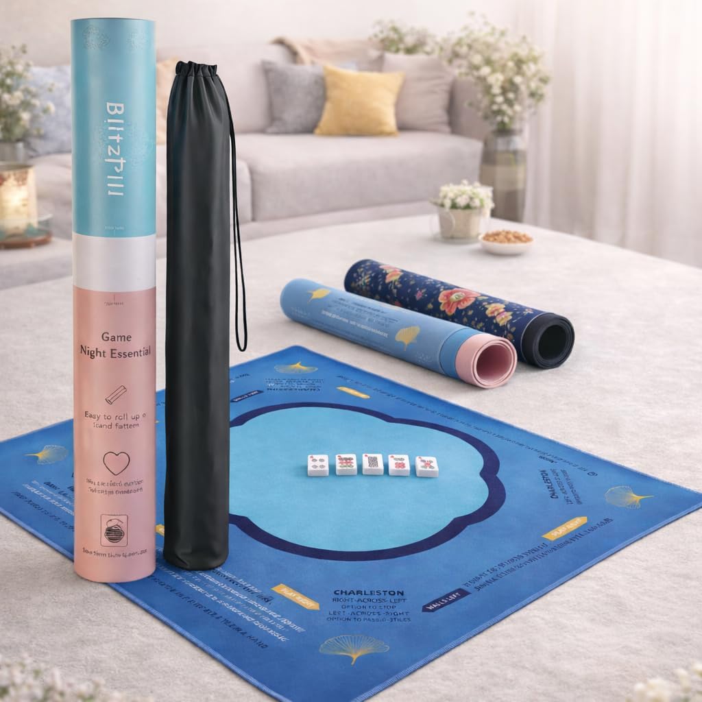 Mahjong Mat & Mah Jongg Mat for Table - Waterproof & Silent, 3mm Thick Non-Slip Game Pad with Unique Designs, Carry Bag & Gift Tube - Premium Mahjongg Accessories (31.5" x 31.5",Blue)