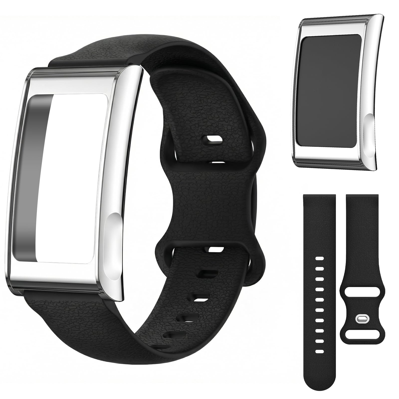 Silicone Replacement Band for Amazfit Helio Strap with Full Metal Protective Case, Sweat-Resistant Wrist Strap for High-Intensity Training Silver