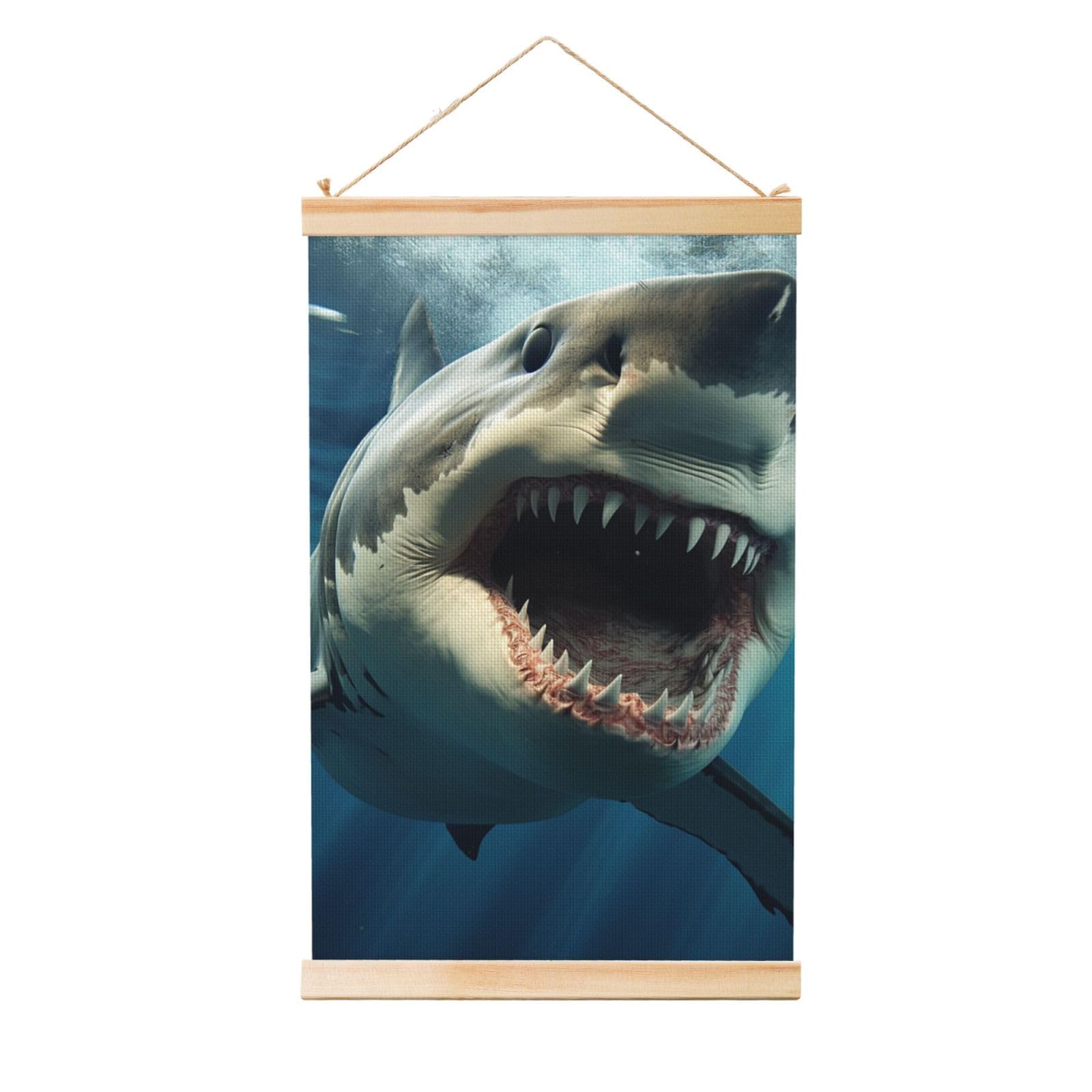 Shark Mouth Posters Wooden Shaft Hanging Poster Canvas Prints Scroll Wall Art Painting Vintage Wall Banner Modern Artwork Decor for Home Decor Ready to Hang 20"x30"