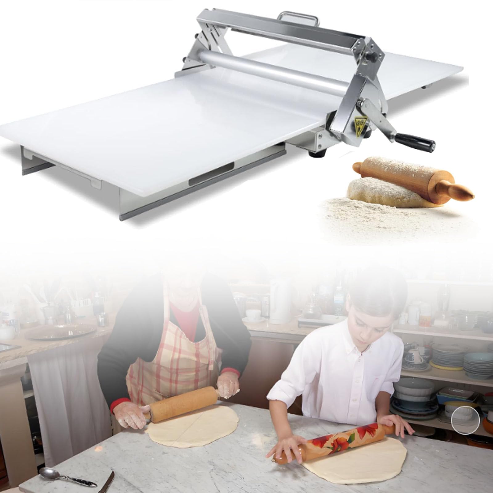 Manuelle Teigrolle mit Dickeneinstellung für präzise Blätterteigproduktion, ideal für das Backen zu Hause