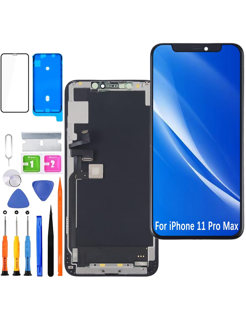Pantalla para iPhone 11 Pro Max LCD Reemplazo FHD Pantalla Táctil 3D Touch Face ID Digitalizador Marco de Montaje, Adhesivo Impermeable, Kit de Reparación NUEVO