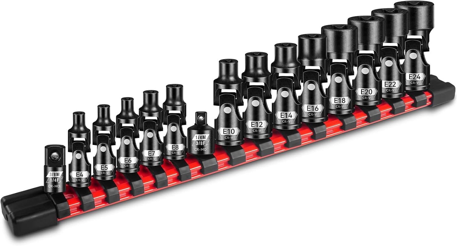 ZHAX 15-Piece E-Torx Swivel Socket Set, 1/4" & 3/8" Drive Universal Joint External Star E4-E24 (7-14mm), CR-V Steel with Adapters