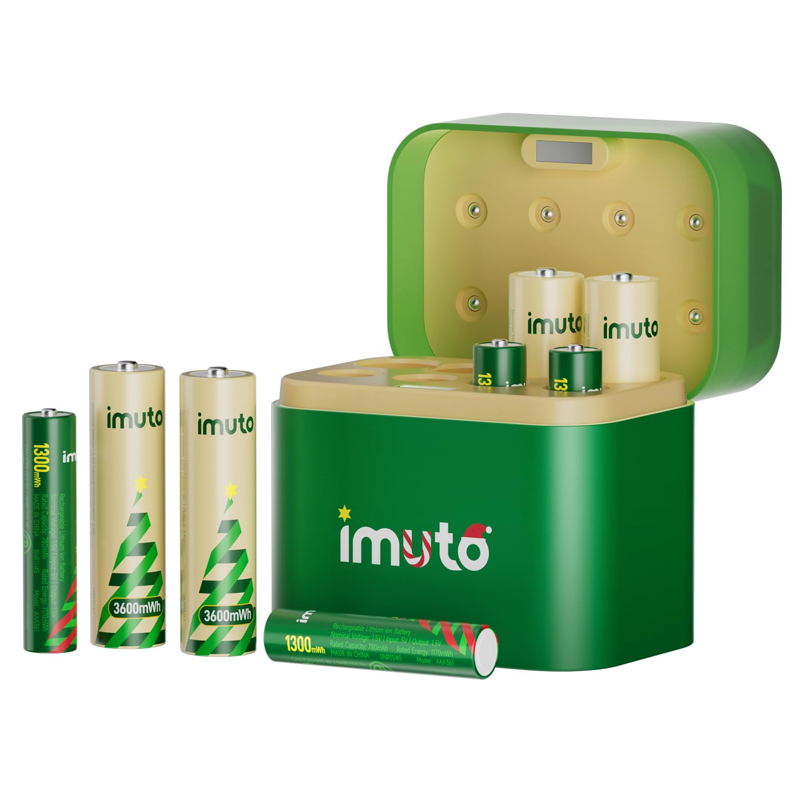 imuto Christmas Style Rechargeable AA AAA Batteries Kit 4 Pcs 3600mWh AA 4 Pcs 1300mWh AAA 8 Slot