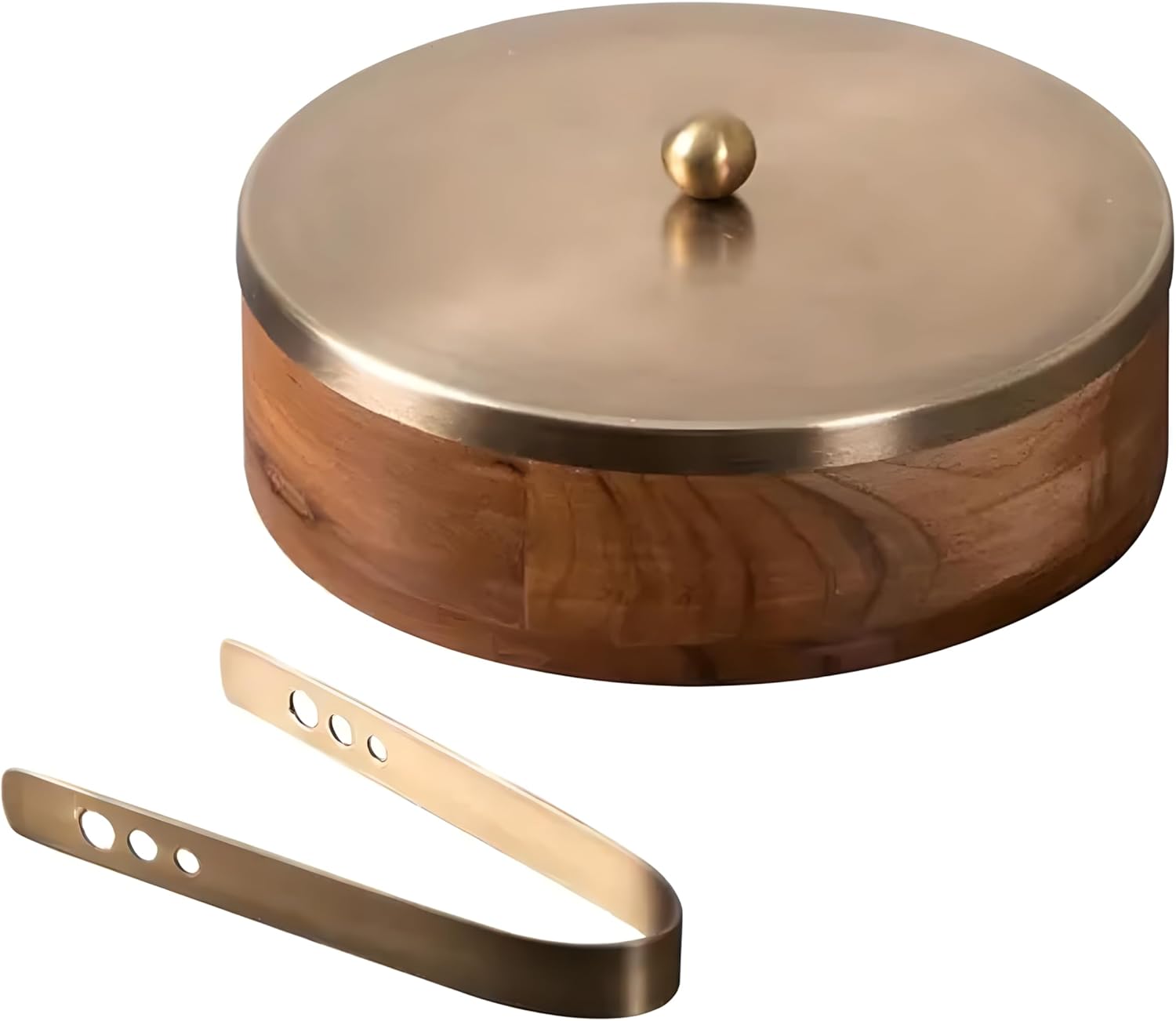 Gold Finish Wooden Roti Chapati Box with Tong – Airtight Storage Container for Kitchen | Made in India Chapati Holder | Elegant Bread Storage Dabba