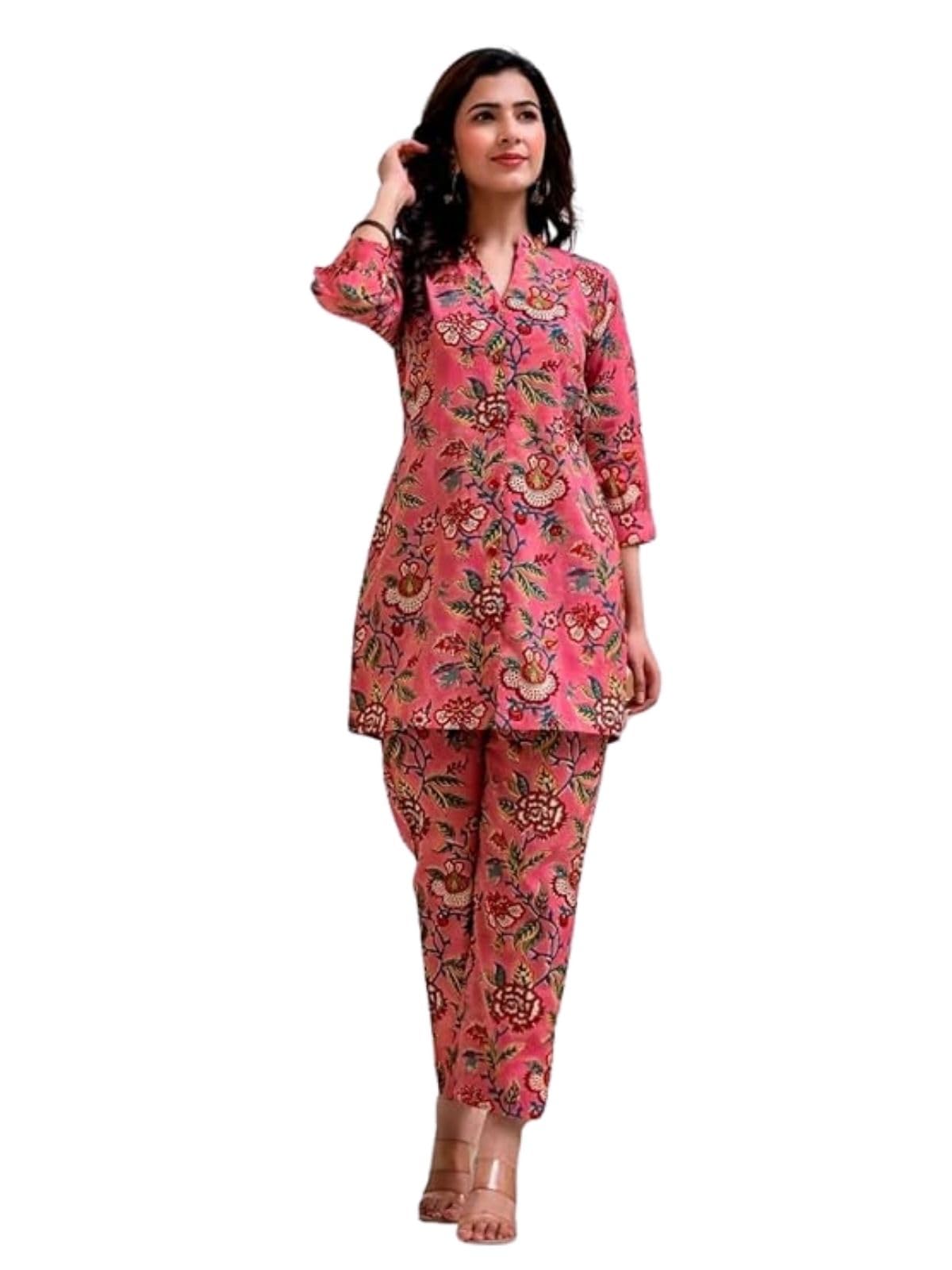 Greciilooks Women Rayon Blend Floral Ethnic Wear Kurta Co-Ord Set (Gl-W1729&Tr820-Xs Pink)