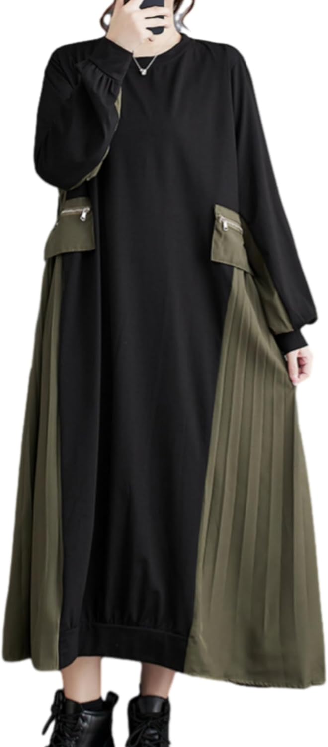 ellazhu Women's Baggy Patchwork Color Cargo Style Crew Neck Dress with Pleated Hem GZ30 A