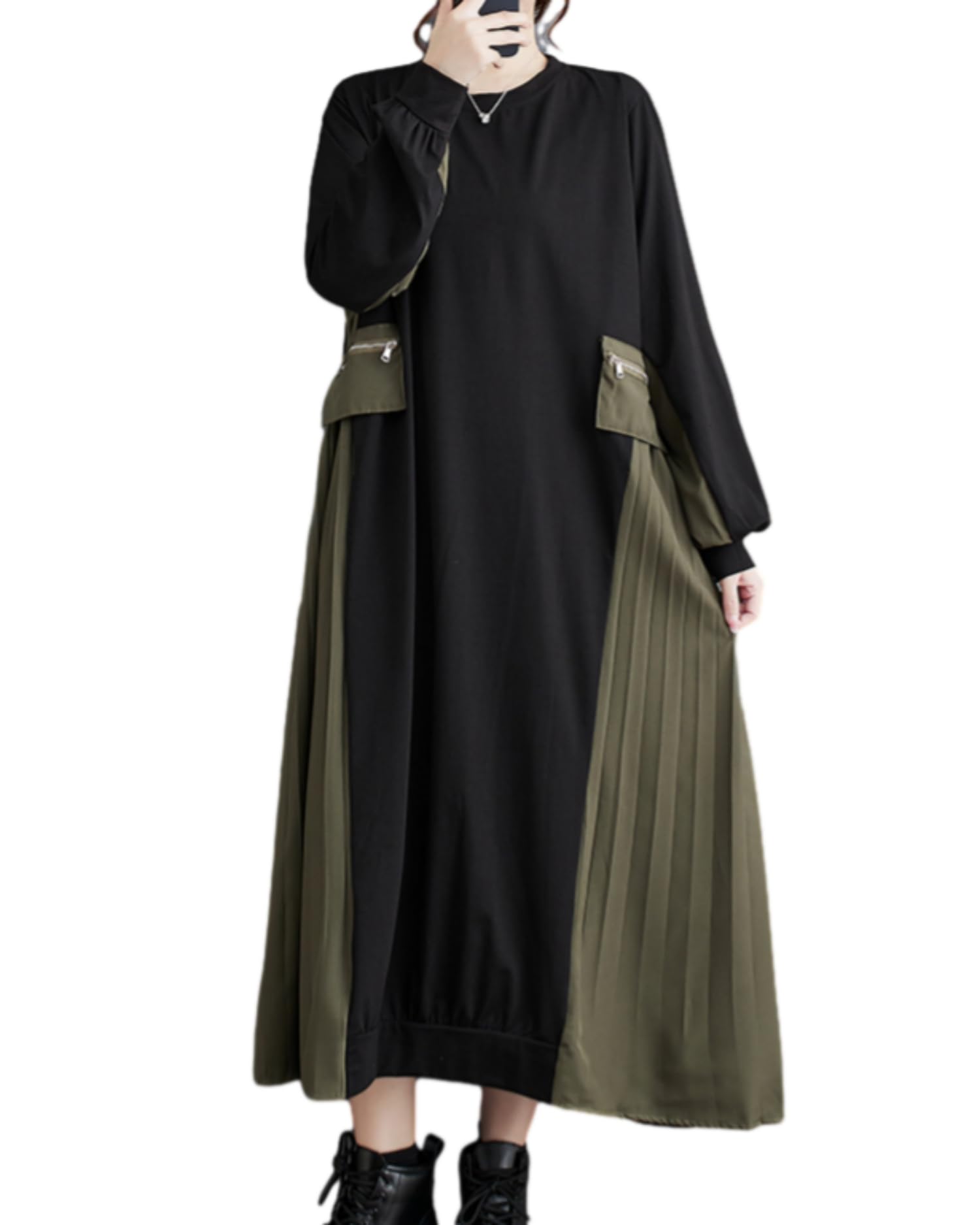 ellazhu Vestido Amplio de Patchwork Estilo Cargo Colorido Cuello Redondo Plisado Dobladillo GZ30 A