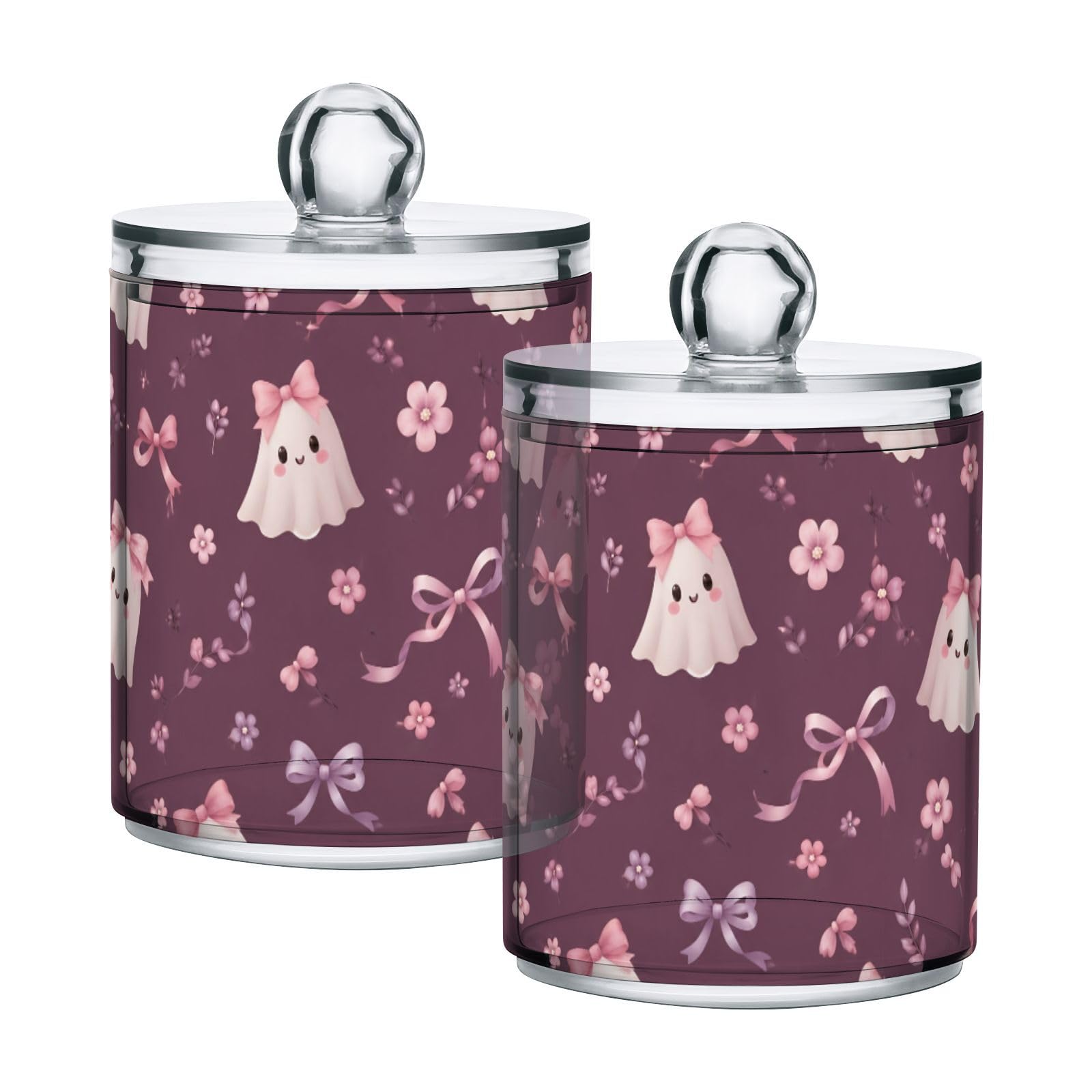 Lyeorm Floral Halloween Apothecary Jars with Lid 2 Pack Qtip Holder Dispenser Bathroom Storage Organizer Clear Plastic Canister Jar for Cotton Ball, Cotton Swab